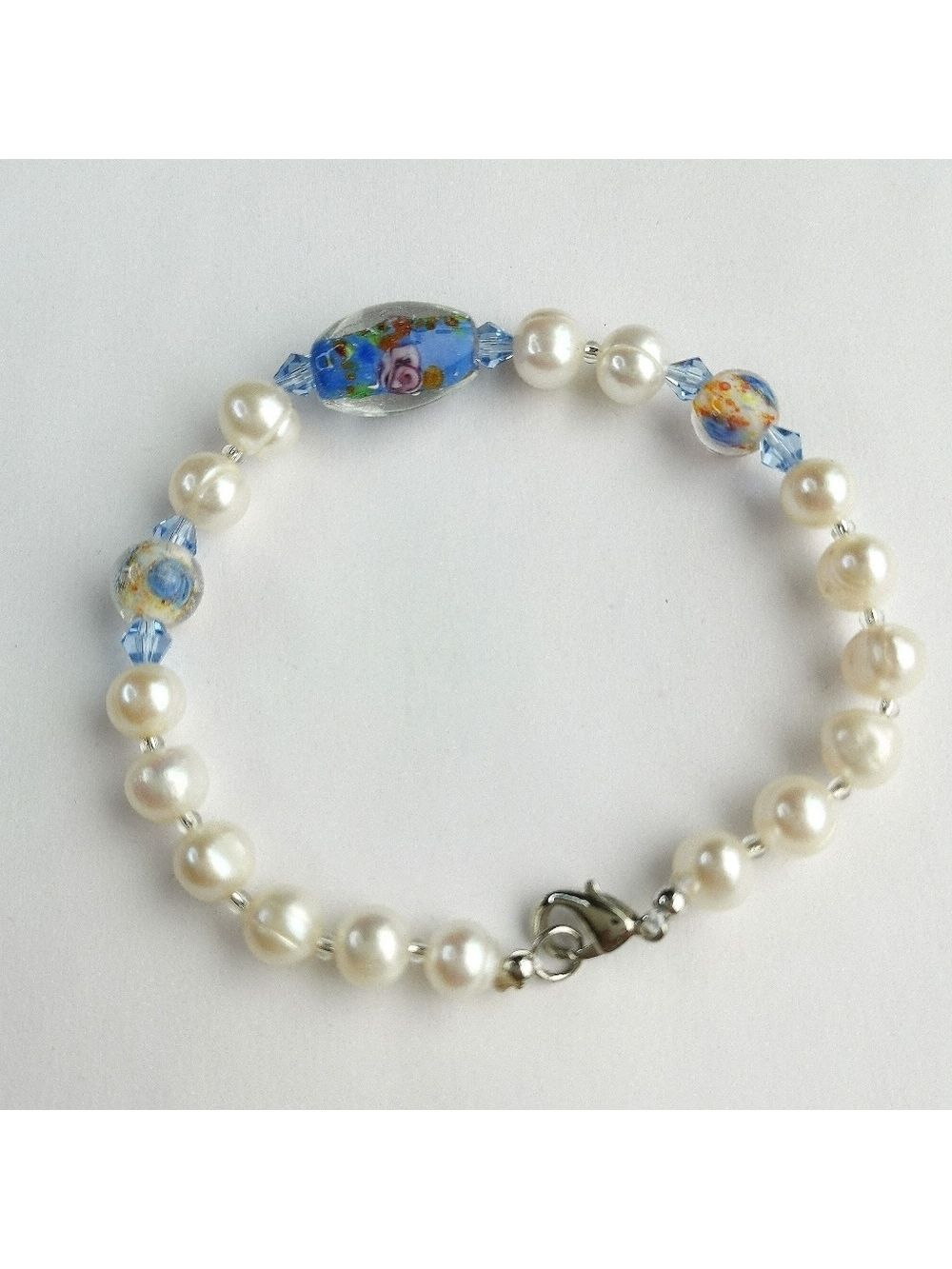 White Freshwater Pearl Bracelet with Murano Flower Bead